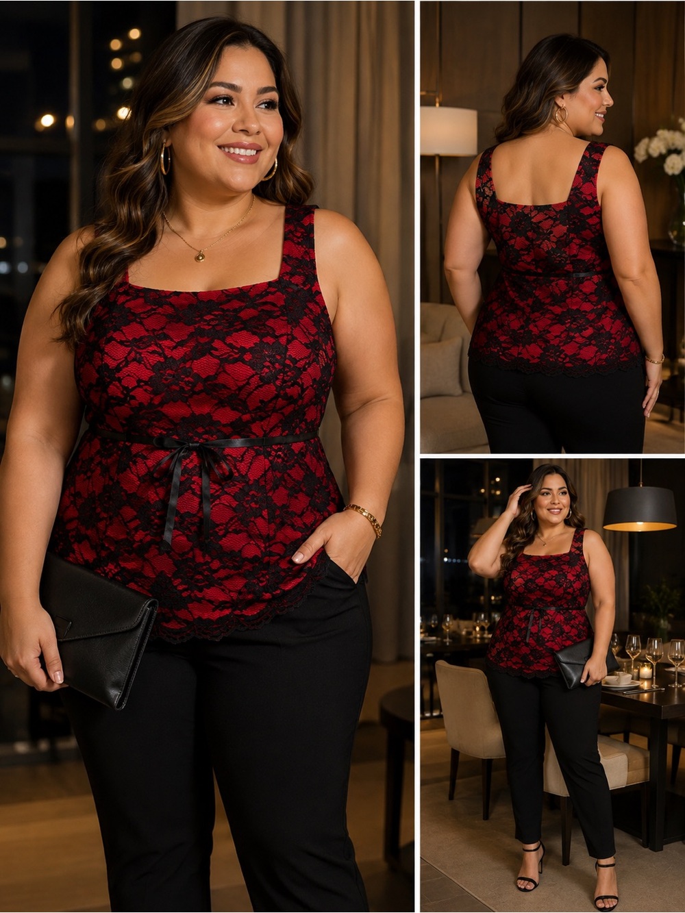 Jessica Howard Vintage Red Black Lace Sleeveless Blouse Tank Top Size 12